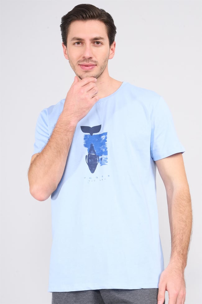 Çetinkaya Chester Polo 3861 Bisiklet Yaka 30/1 Penye Slimfit Baskılı T-shirt Mavi