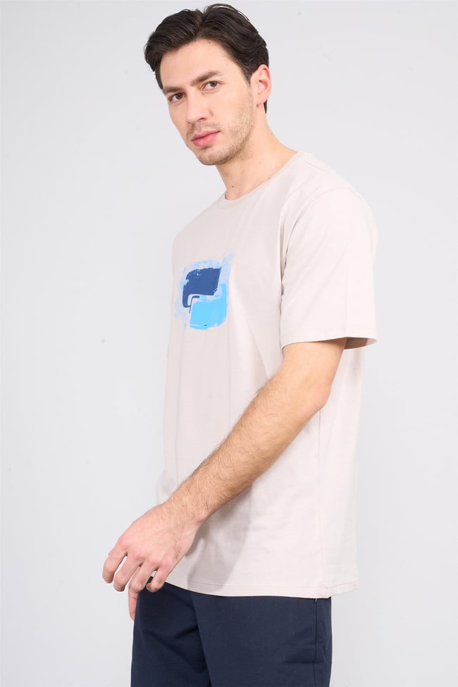 Çetinkaya Chester Polo 3864 Bisiklet Yaka 30/1 Penye Regular Baskılı T-shirt Vizon