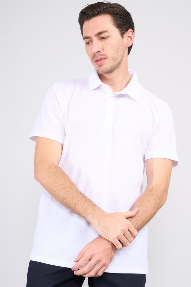 Çetinkaya Chester Polo 4249 Erkek Ayaklı Polo Yaka Petek Örgü Regular T-shirt Beyaz