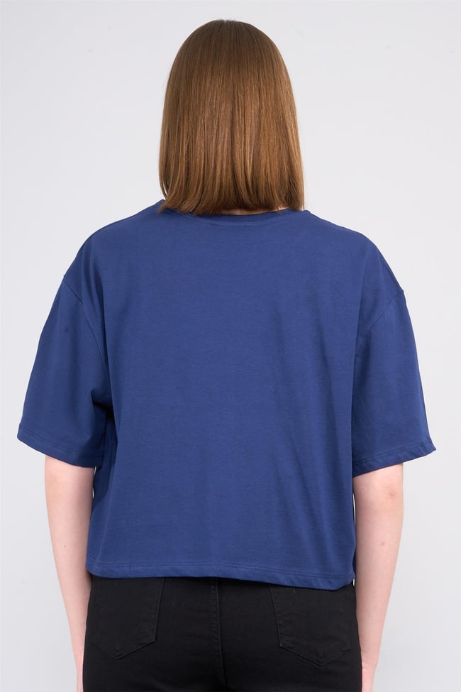 Çetinkaya Chester Polo 8249 Bayan Bisiklet Yaka 30/1 Penye Baskılı Oversize Crop T-shirt Lacivert
