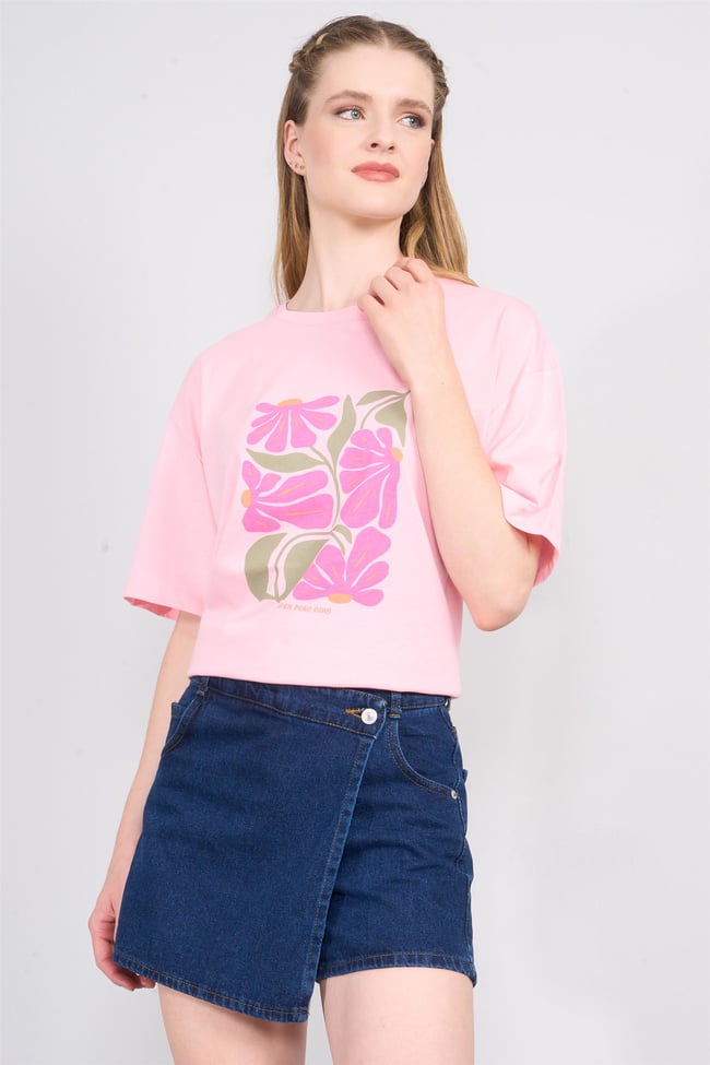 Çetinkaya Chester Polo 8401 Bayan Bisiklet Yaka 30/1 Penye Oversize Baskılı T-shirt Açık Pembe