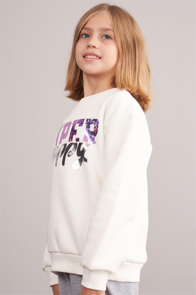 Çetinkaya Fitclub 92330 Kız Çocuk Bisiklet Yaka 3 İplik Şardonlu 4-12 Yaş Sweatshirt Krem