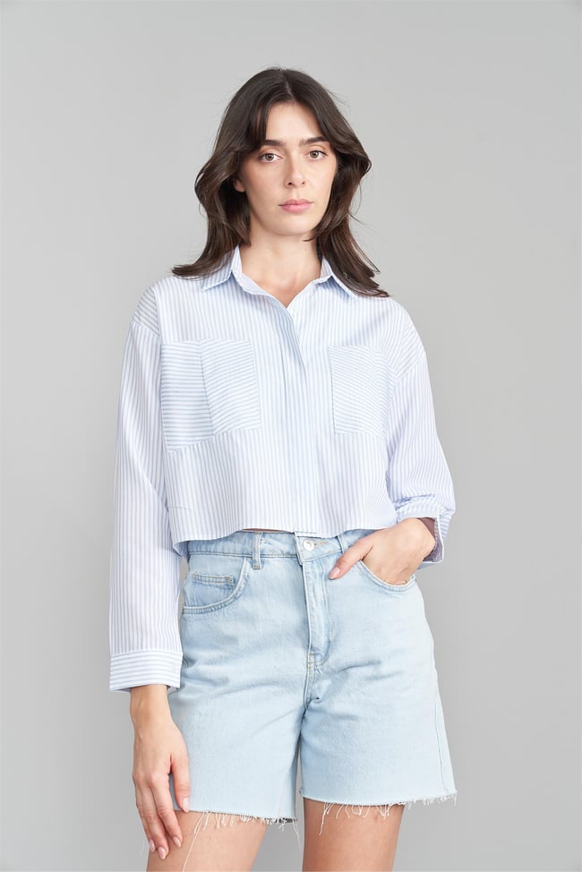 Çetinkaya Fithit 1128 Kadın Çizgili Crop Gömlek Buz Mavi