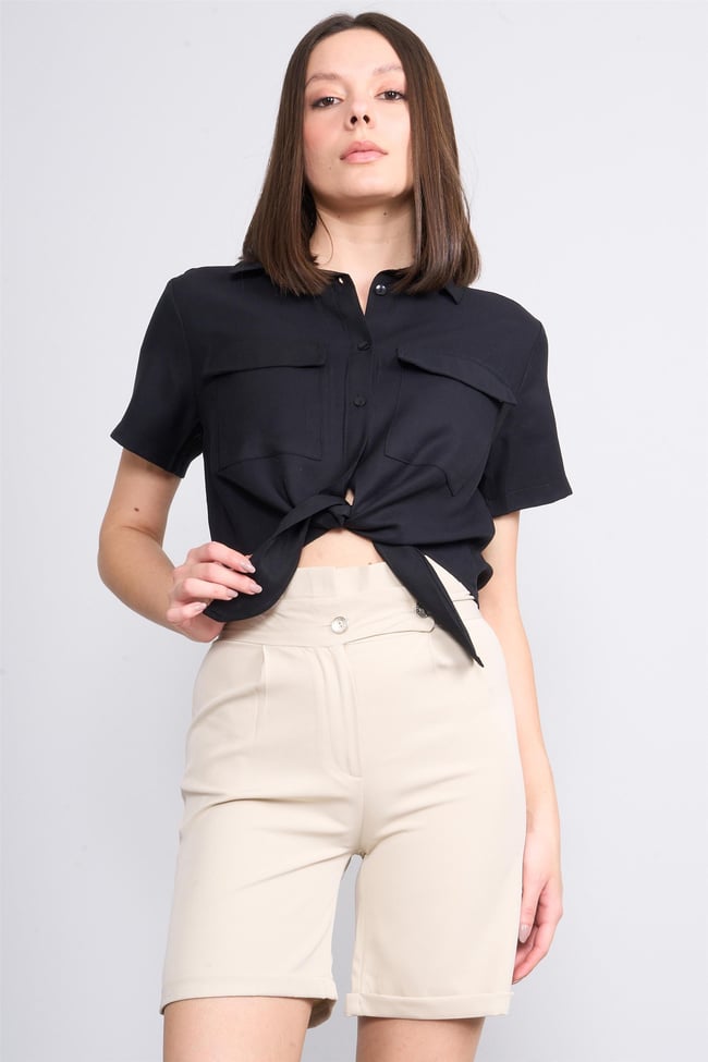 Çetinkaya Fithit 1402 Kadın Kısa Kol Tencel Bel Bağlamalı Crop Gömlek Siyah