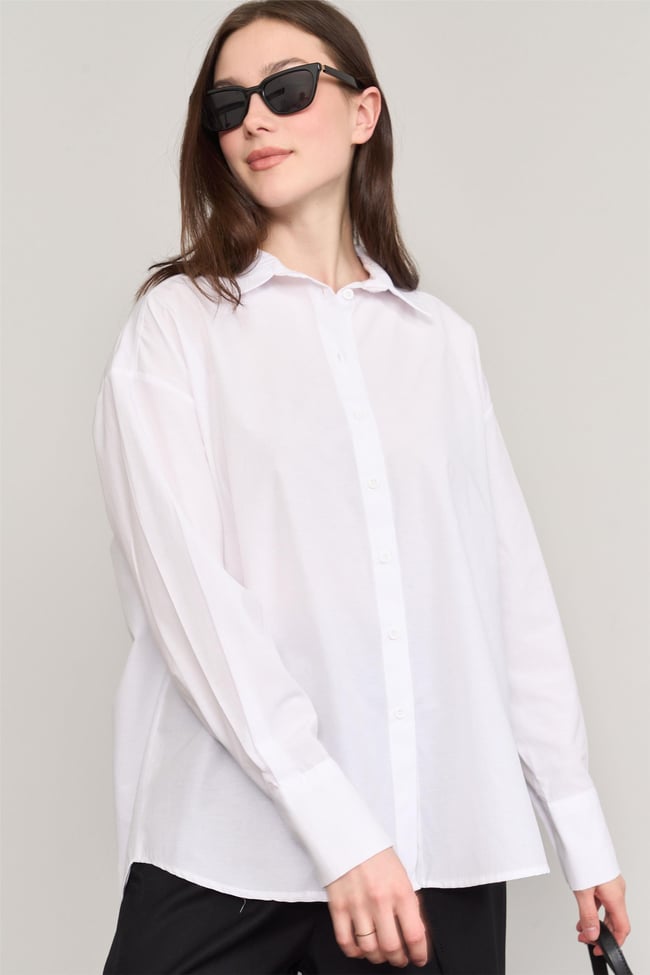 Çetinkaya Fithit 1422 Kadın Uzun Kol Poplin Oversize Gömlek Beyaz
