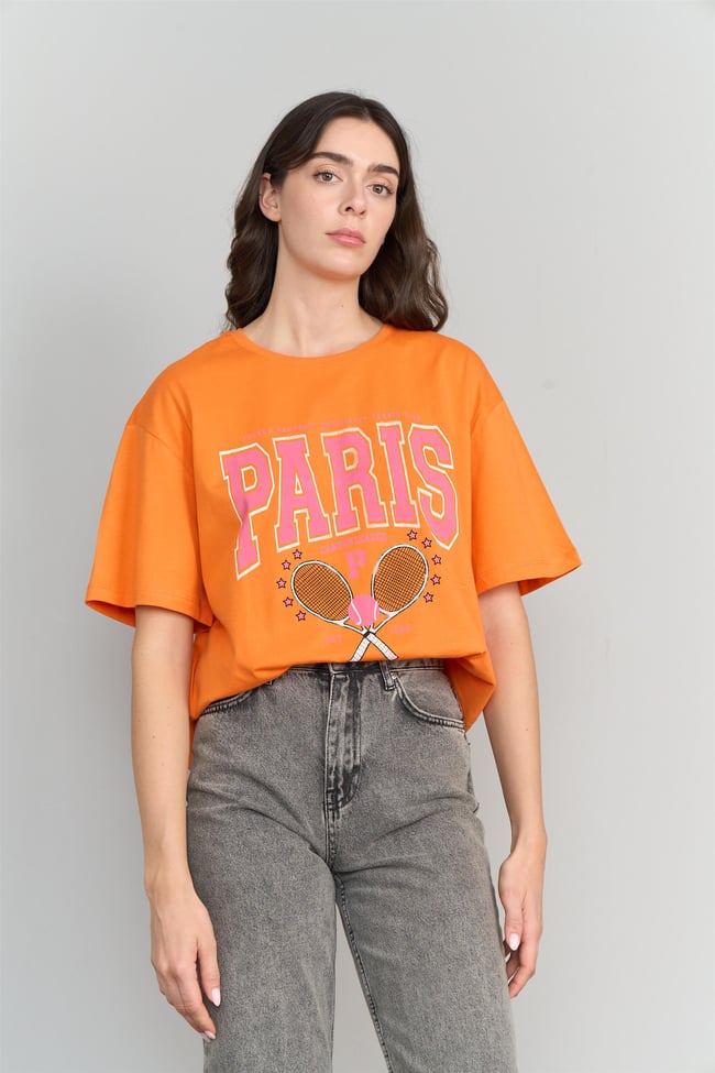 Çetinkaya Fithit 3152 Kadın Bisiklet Yaka Penye Oversize T-Shirt Orange