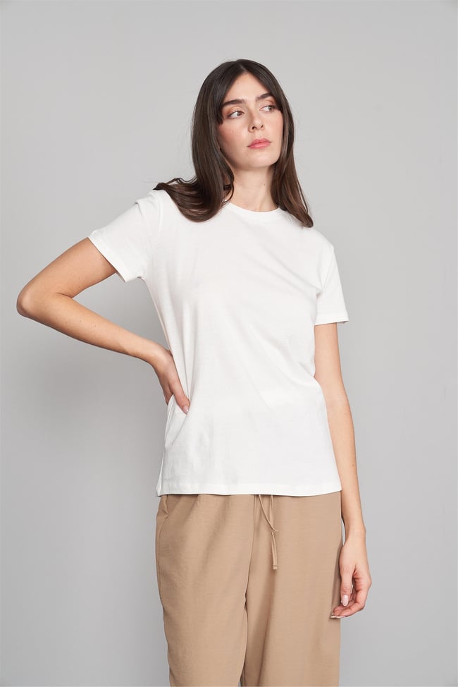 Çetinkaya Fithit 3264 Bayan Bisiklet Yaka Basic T-shirt Ekru