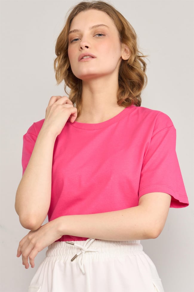 Çetinkaya Fithit 3264 Bayan Bisiklet Yaka Basic T-shirt Fuşya