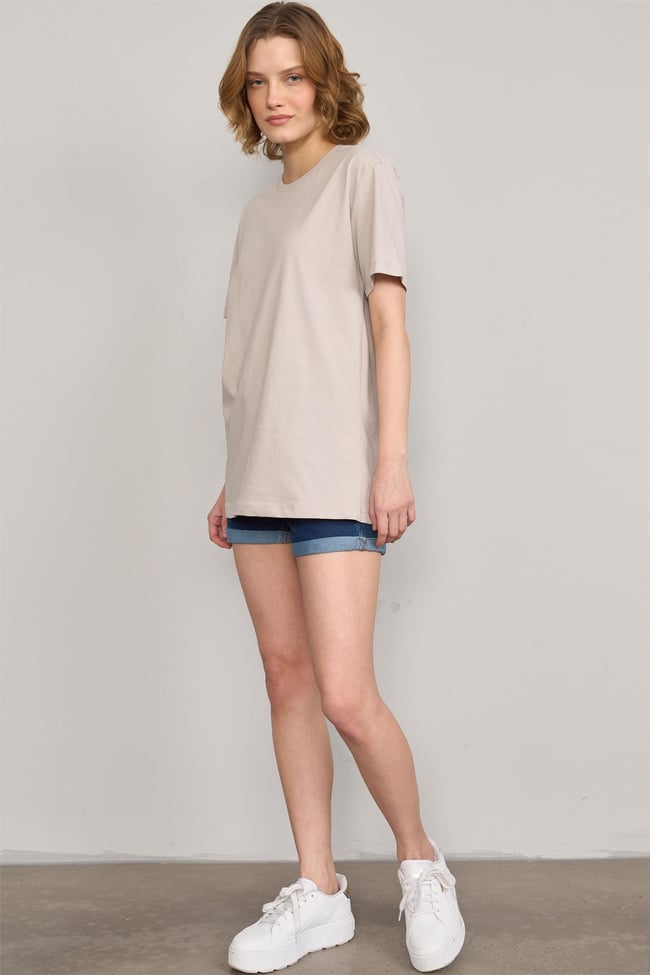 Çetinkaya Fithit 3264 Bayan Bisiklet Yaka Basic T-shirt Vizon