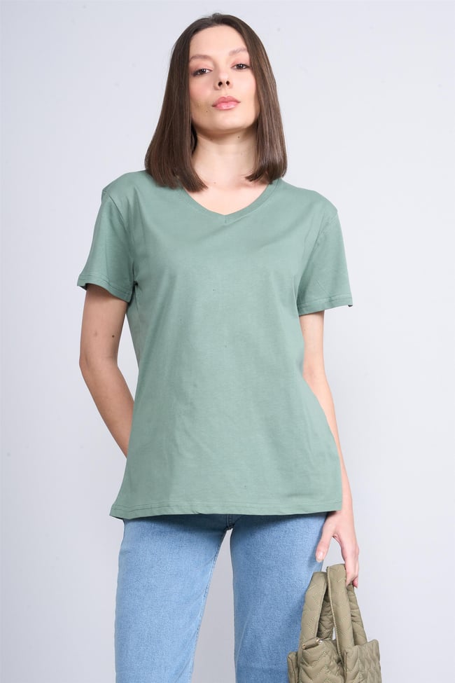 Çetinkaya Fithit 3265 Bayan V Yaka Basic T-shirt Haki