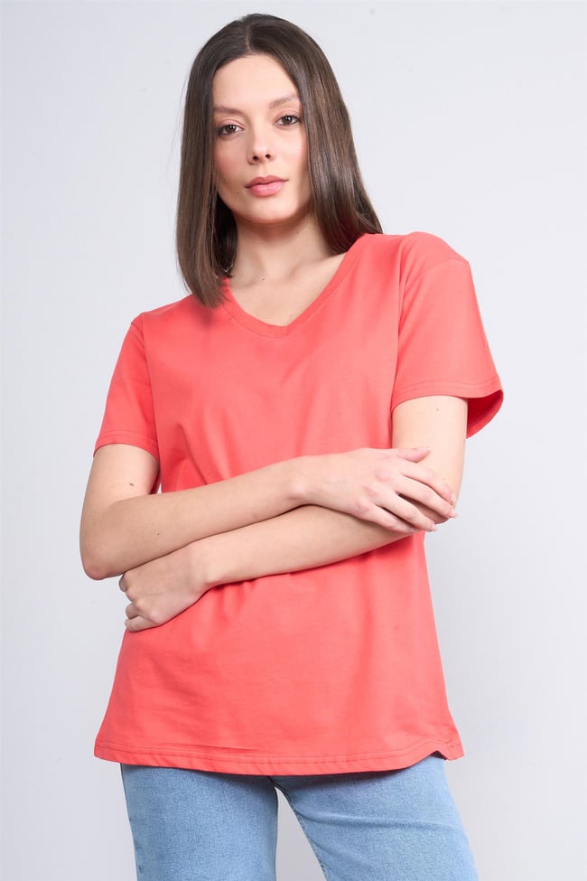 Çetinkaya Fithit 3265 Bayan V Yaka Basic T-shirt Nar Çiçeği