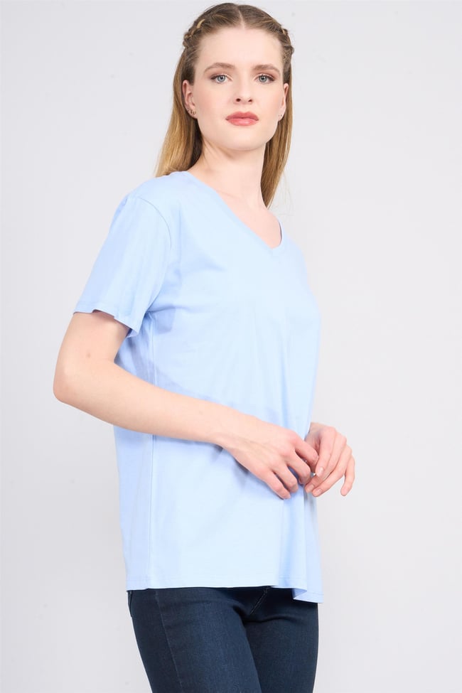 Çetinkaya Fithit 3265 Bayan V Yaka Basic T-shirt Açık Mavi