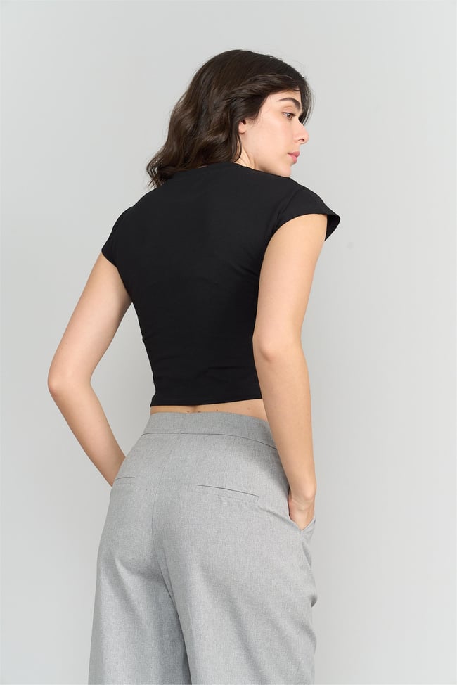 Çetinkaya Fithit 3266 Kadın Bisiklet Yaka Penye Basic Crop T-Shirt Siyah