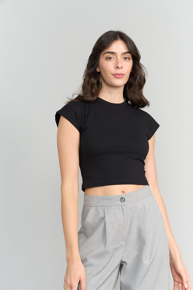 Çetinkaya Fithit 3266 Kadın Bisiklet Yaka Penye Basic Crop T-Shirt Siyah