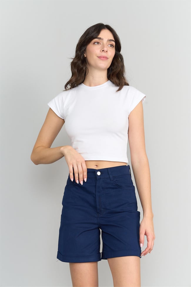 Çetinkaya Fithit 3266 Kadın Bisiklet Yaka Penye Basic Crop T-Shirt Beyaz