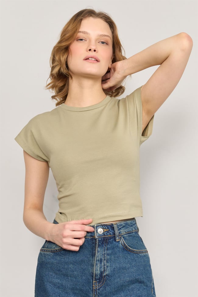 Çetinkaya Fithit 3266A Bayan Bisiklet Yaka 30/1 Likralı Süprem Crop T-shirt Olive