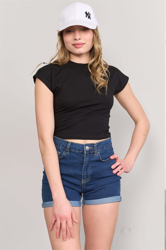 Çetinkaya Fithit 3266A Bayan Bisiklet Yaka 30/1 Likralı Süprem Crop T-shirt Siyah