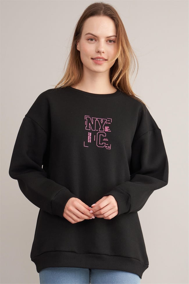 Çetinkaya Fithit 3938 Kadın Bisiklet Yaka Üç İplik Şardonlu Sweatshirt Siyah