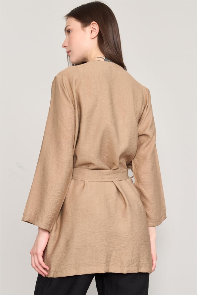 Çetinkaya Fithit 5157 Kadın Kuşaklı Kimono Ceket Vizon