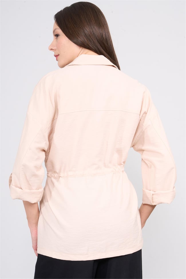 Çetinkaya Fithit 5176 Kadın Beli Bağcıklı Tencel Ceket Vizon