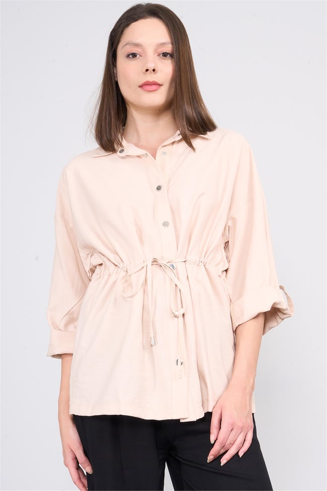 Çetinkaya Fithit 5176 Kadın Beli Bağcıklı Tencel Ceket Vizon