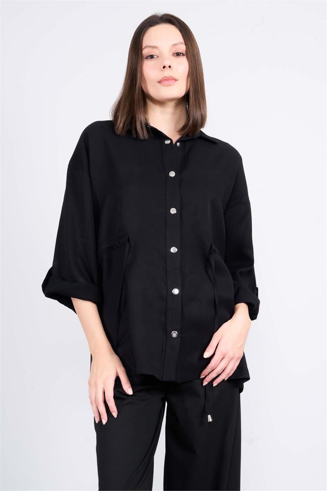 Çetinkaya Fithit 5176 Kadın Beli Bağcıklı Tencel Ceket Siyah
