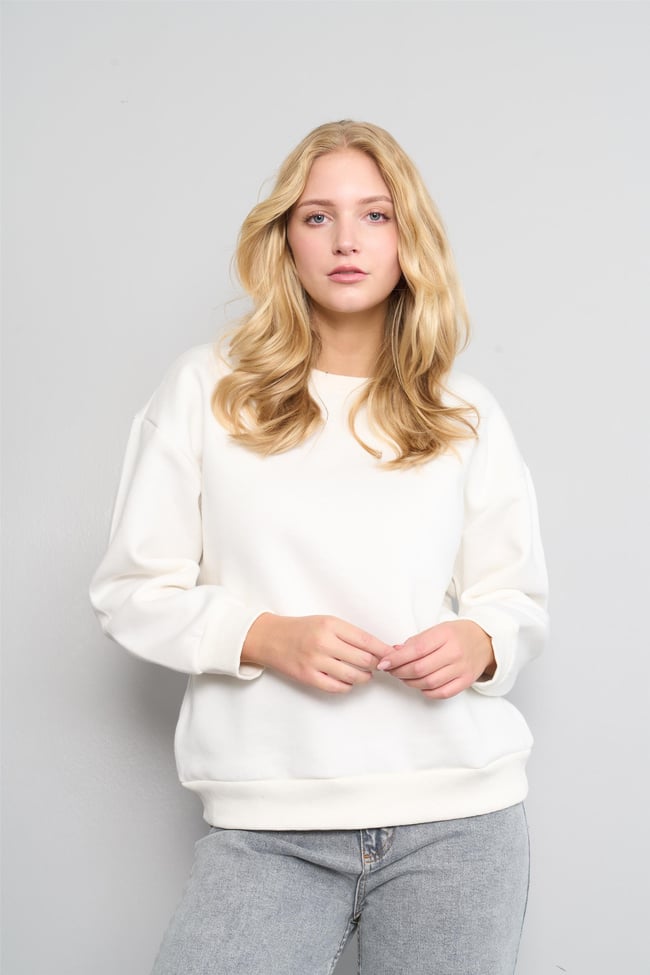 Çetinkaya Fithit 8128 Kadın Bisiklet Yaka 3 İplik Şardonlu Basic Sweatshirt Krem