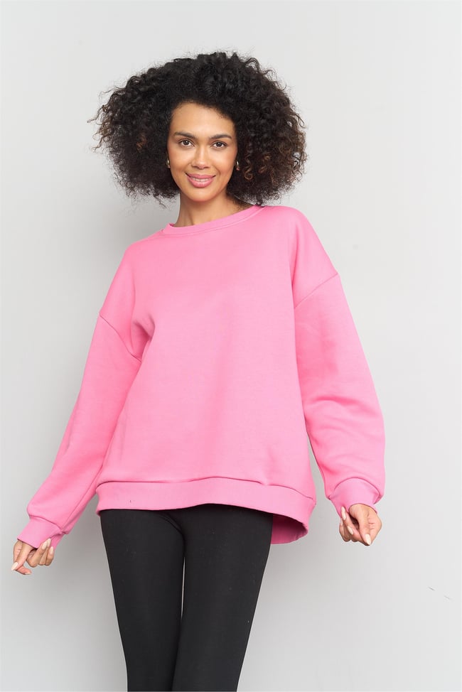 Çetinkaya Fithit 8128 Kadın Bisiklet Yaka 3 İplik Şardonlu Basic Sweatshirt Şeker Pembe