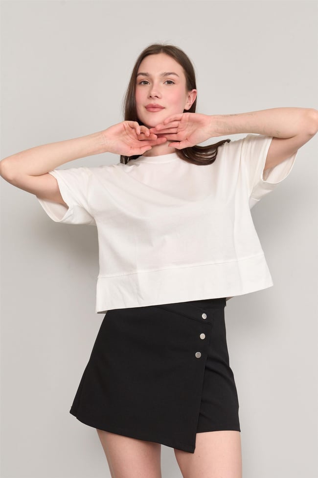 Çetinkaya Fithit 8260 Bayan Bisiklet Yaka 30/1 Penye Süprem Yırtmaçlı Crop T-shirt Krem