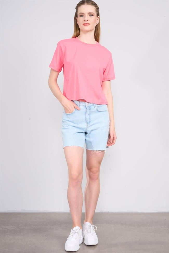 Çetinkaya Fithit 8286 Bayan Bisiklet Yaka 30/1 Compact Penye Süprem Crop T-shirt Nar Çiçeği