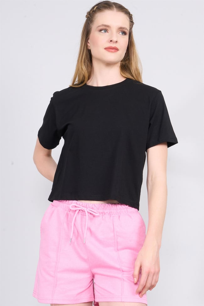 Çetinkaya Fithit 8286 Bayan Bisiklet Yaka 30/1 Compact Penye Süprem Crop T-shirt Siyah