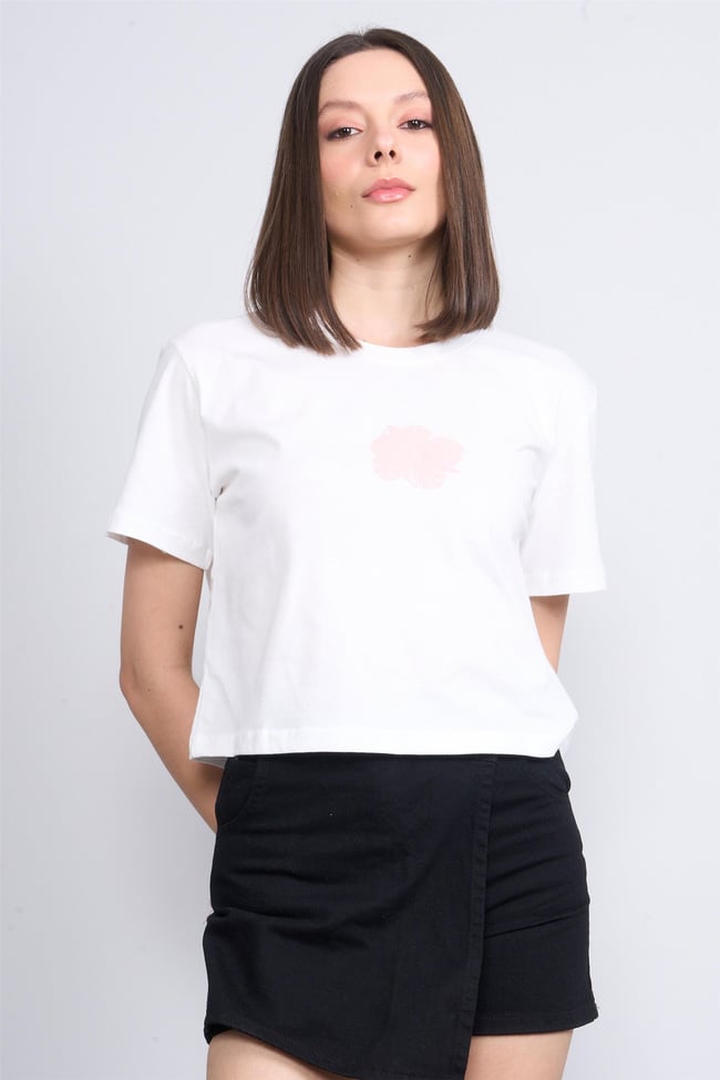 Çetinkaya Fithit 8310 Bayan Bisiklet Yaka 30/1 Penye Baskılı Crop T-shirt Krem