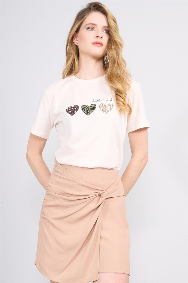 Çetinkaya Fithit 8318 Bayan Bisiklet Yaka 30/1 Compact Penye Süprem Baskılı T-shirt Koyu Krem
