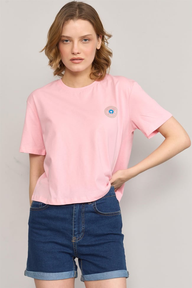 Çetinkaya Fithit 8336 Bayan Bisiklet Yaka 30/1 Compact Penye Süprem Baskılı Crop T-shirt Açık Pembe