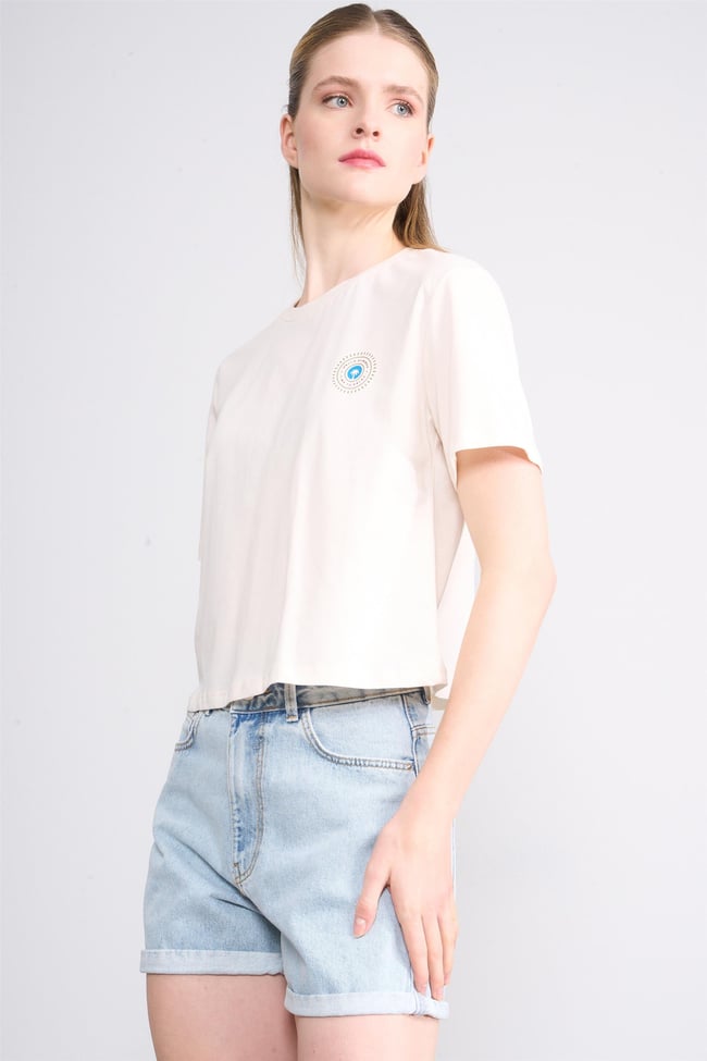 Çetinkaya Fithit 8336 Bayan Bisiklet Yaka 30/1 Compact Penye Süprem Baskılı Crop T-shirt Koyu Krem