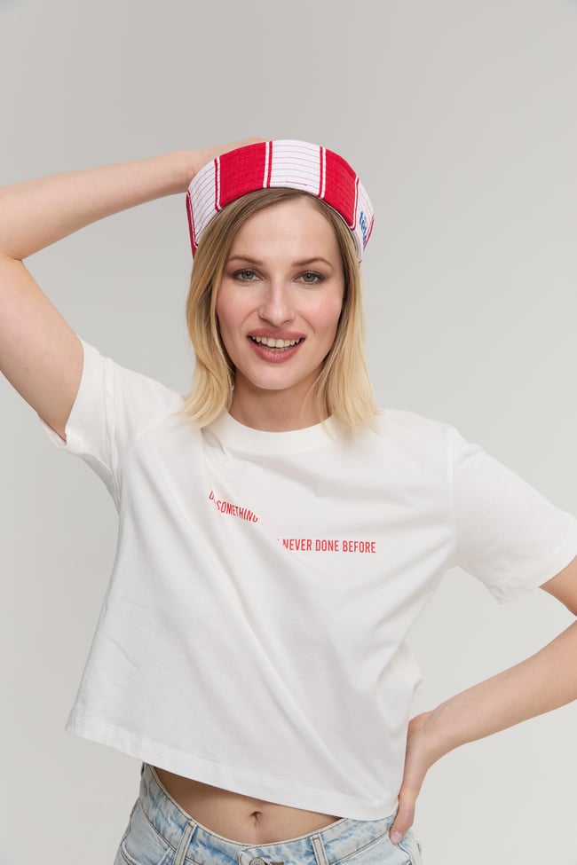 Çetinkaya Fithit 8356 Bayan Bisiklet Yaka 30/1 Penye Baskılı Crop T-shirt Krem