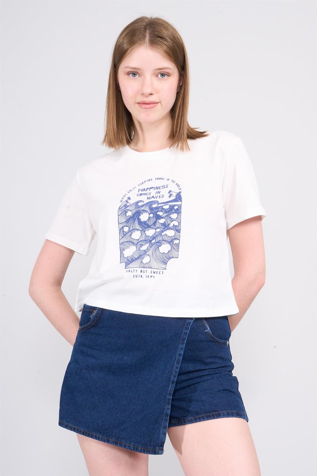 Çetinkaya Fithit 8358 Bayan Bisiklet Yaka 30/1 Penye Baskılı Crop T-shirt Krem