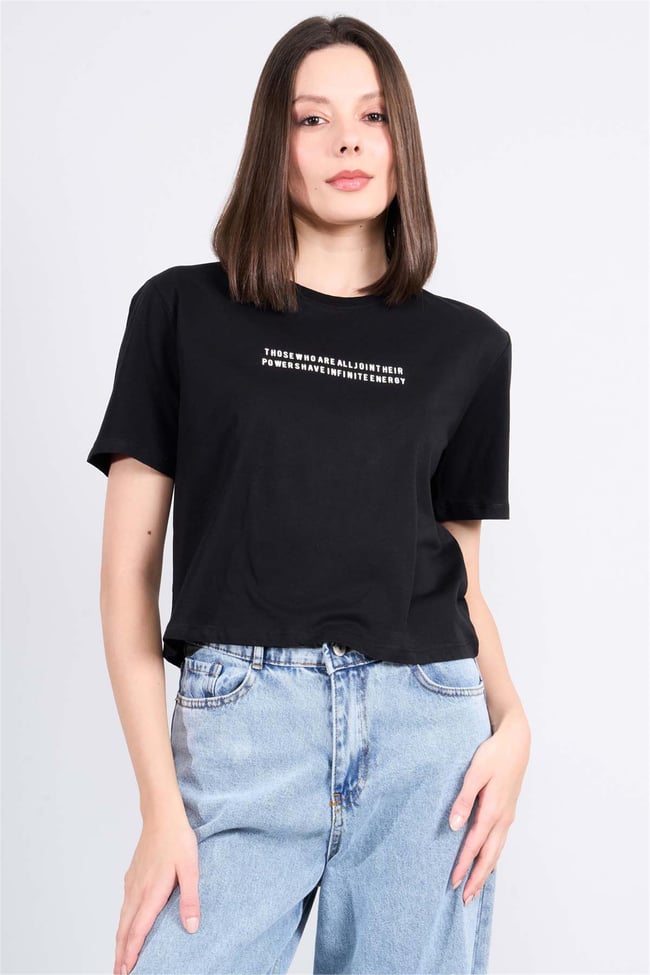Çetinkaya Fithit 8363 Bayan Bisiklet Yaka 30/1 Penye Regular Crop T-shirt Siyah