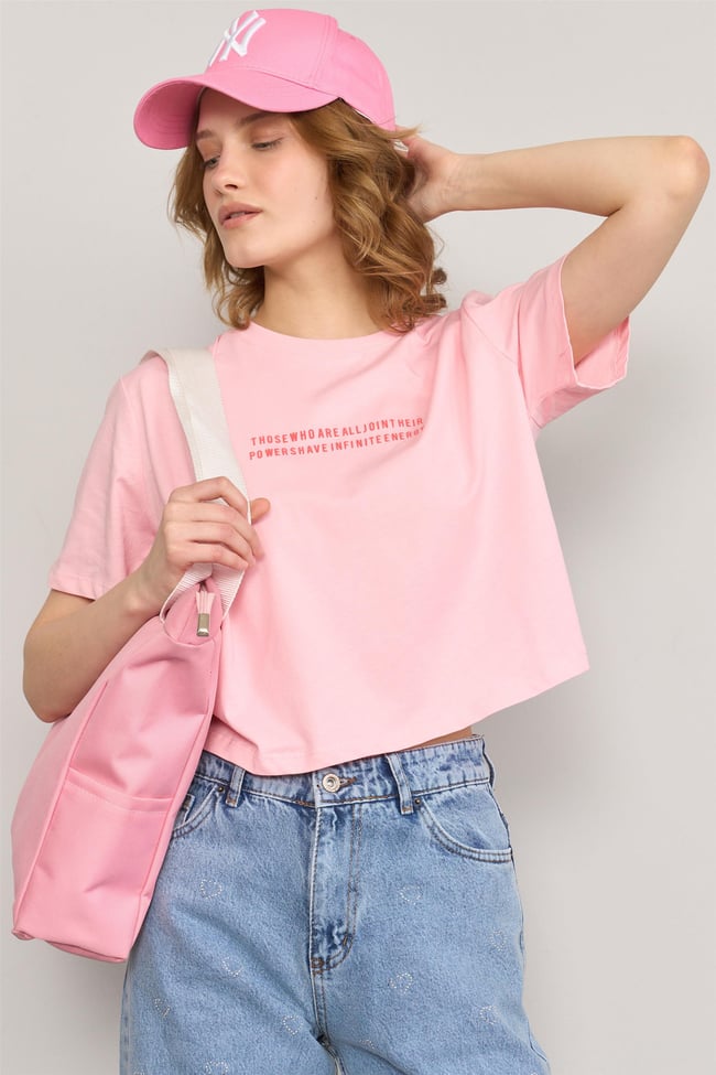 Çetinkaya Fithit 8363 Bayan Bisiklet Yaka 30/1 Penye Regular Crop T-shirt Açık Pembe