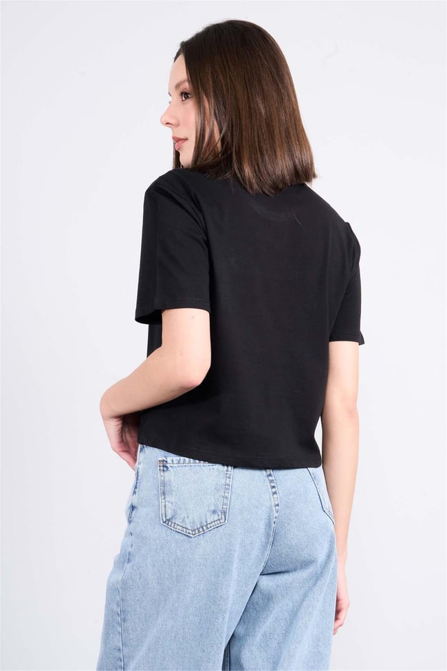 Çetinkaya Fithit 8363 Bayan Bisiklet Yaka 30/1 Penye Regular Crop T-shirt Siyah