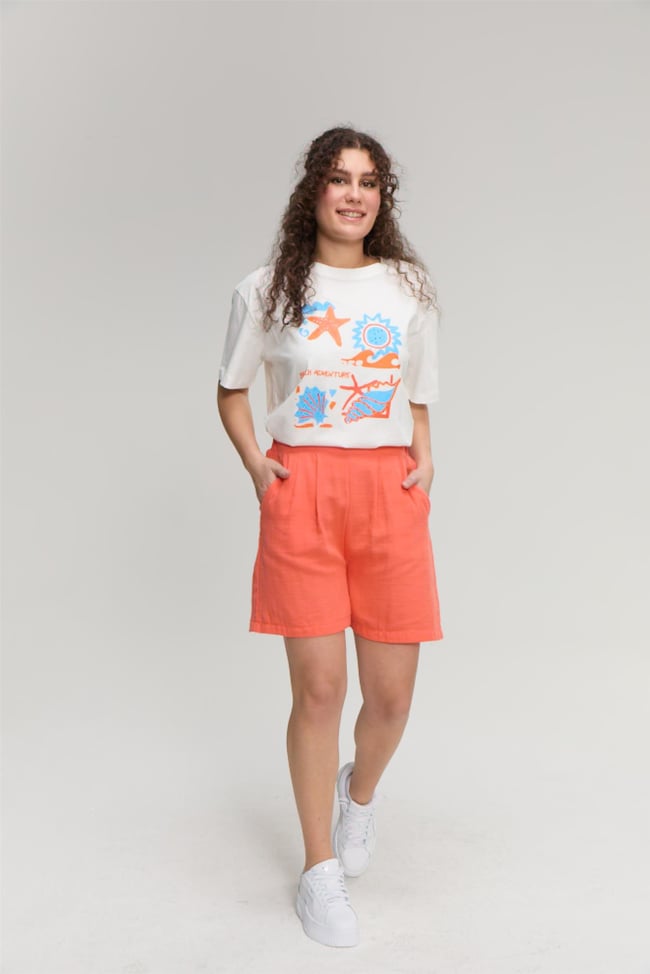 Çetinkaya Fithit 8374 Bayan Bisiklet Yaka 30/1 Penye Baskılı Oversize T-shirt Krem