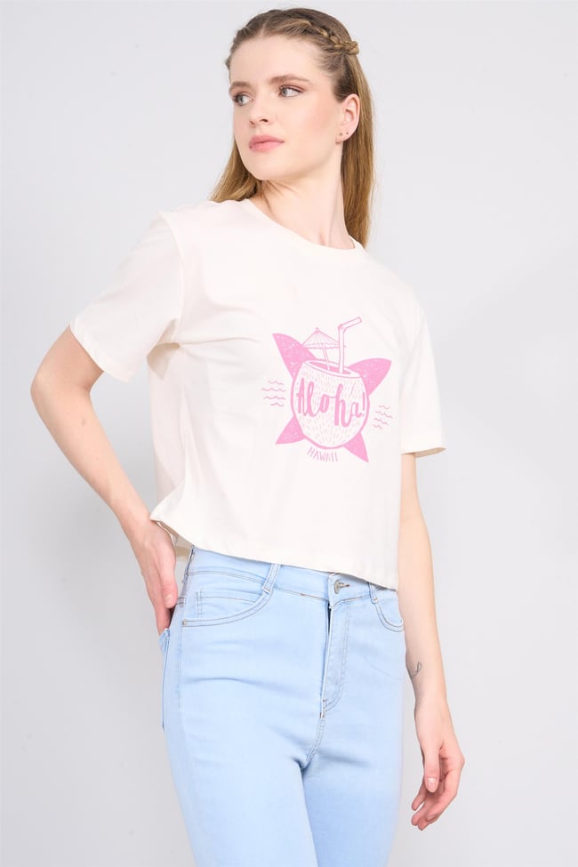 Çetinkaya Fithit 8378 Bayan Bisiklet Yaka 30/1 Penye Crop T-shirt Krem