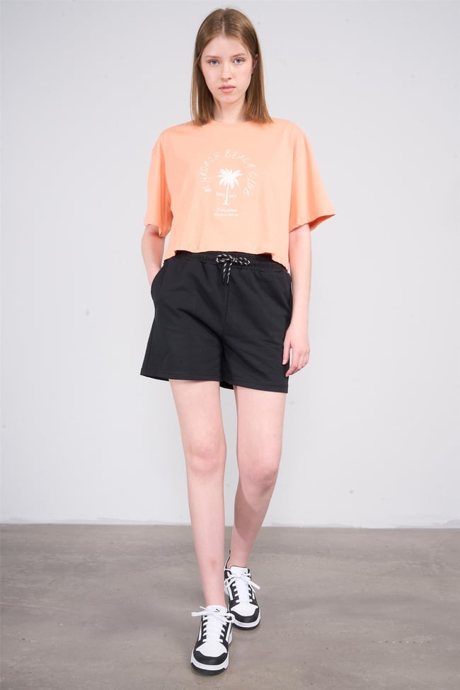Çetinkaya Fithit 8385 Bayan Bisiklet Yaka 30/1 Penye Baskılı Oversize T-shirt Kayısı