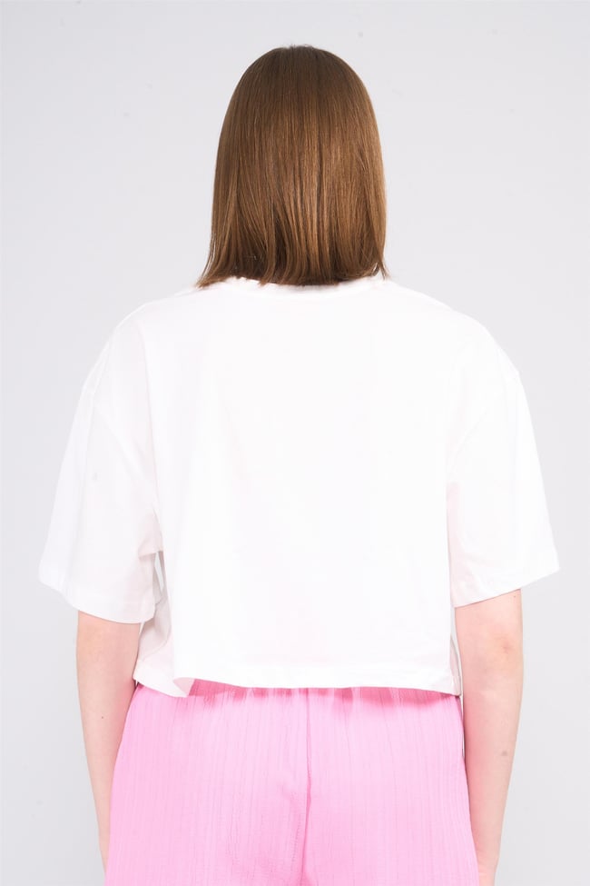 Çetinkaya Fithit 8385 Bayan Bisiklet Yaka 30/1 Penye Baskılı Oversize T-shirt Krem