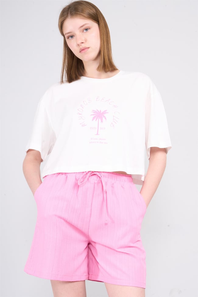 Çetinkaya Fithit 8385 Bayan Bisiklet Yaka 30/1 Penye Baskılı Oversize T-shirt Krem