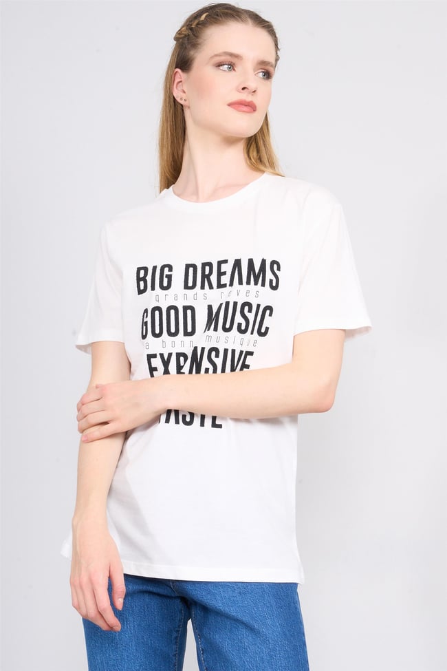 Çetinkaya Fithit 8392 Bayan Bisiklet Yaka 30/1 Penye Baskılı Regular T-shirt Krem
