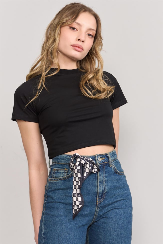 Çetinkaya Fithit 8429 Bayan Bisiklet Yaka 30/1 Compact Penye Süprem Crop T-shirt Siyah
