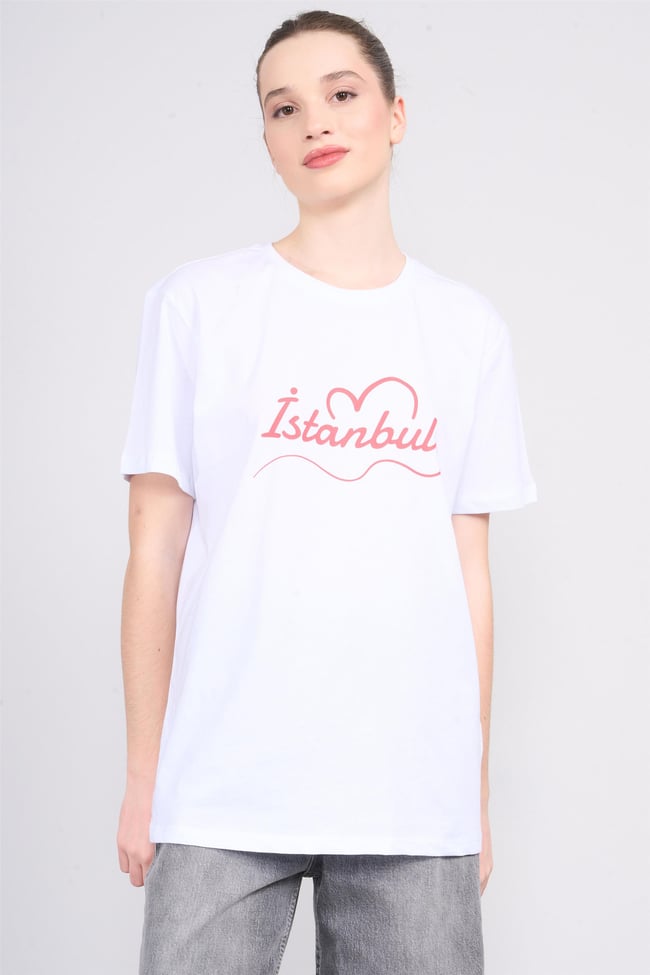 Çetinkaya Fithit 8443 Bayan Bisiklet Yaka 30/1 Süprem Baskılı T-shirt Beyaz