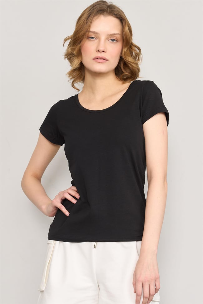 Çetinkaya Fithit 8469 Bayan Bisiklet Yaka 30/1 Compact Penye Süprem T-shirt Siyah