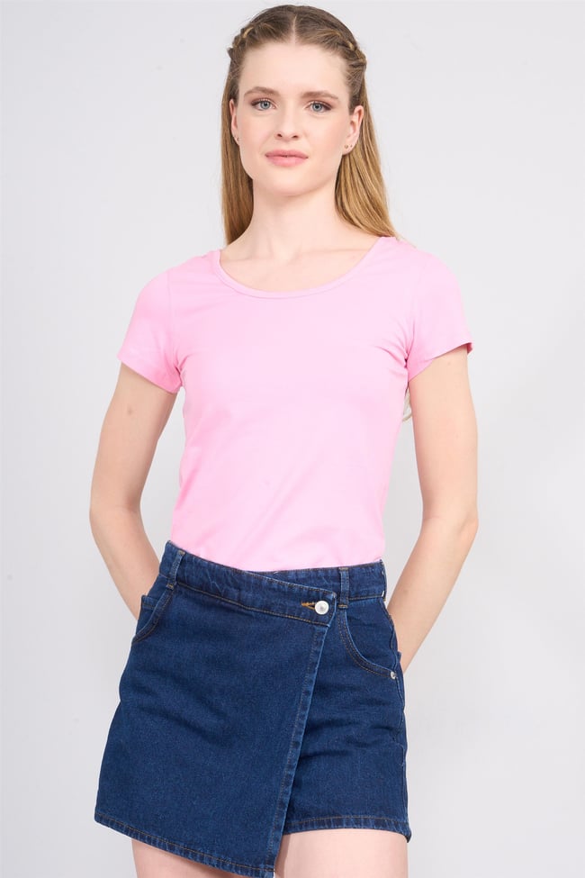 Çetinkaya Fithit 8469 Bayan Bisiklet Yaka 30/1 Compact Penye Süprem T-shirt Pembe